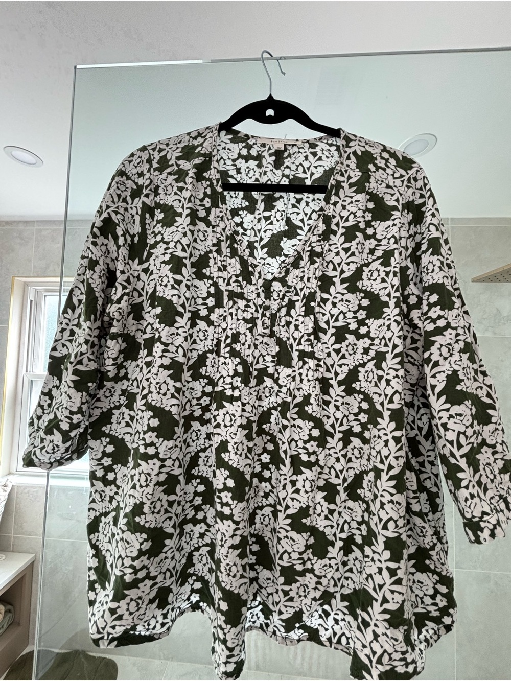 fun 2 fun Olive Green and White Floral V-Neck Blouse